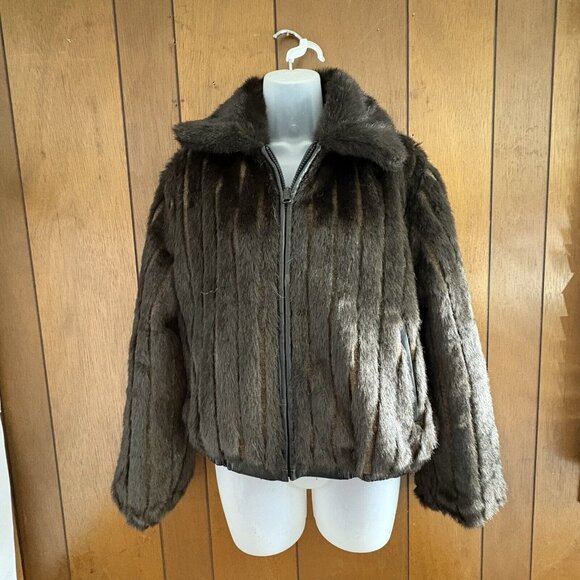 Bomber Jacket Womens Medium Reversible Black Leather Brown Alpaca Blend Y2K Glam - Picture 1 of 16